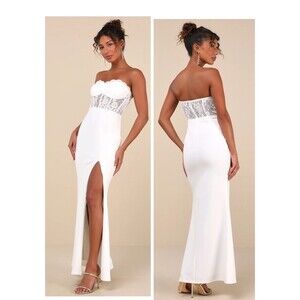Lulu's Ivory Lace Strapless Maxi Dress